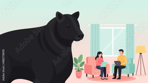 Large black bear looms over people working on laptops in a living room