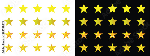 Golden five star vector set for rating and quality classification on white and black background.
