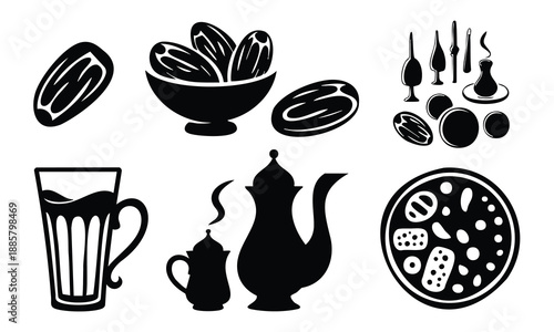 Ramadan food and drink silhouette icons bundle for festive menu designs