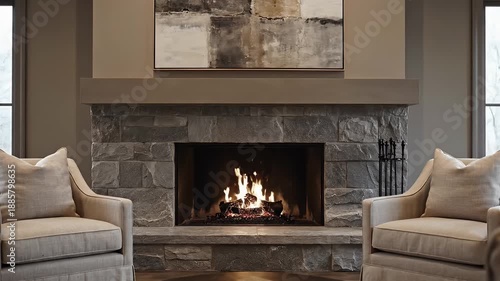 Cozy Living Room Fireplace Scene With Two Armchairs And Artwork Above Mantel