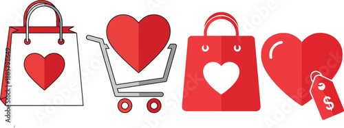 Heart Shopping Icons Representing Love, Romance, and Retail Therapy on White Background