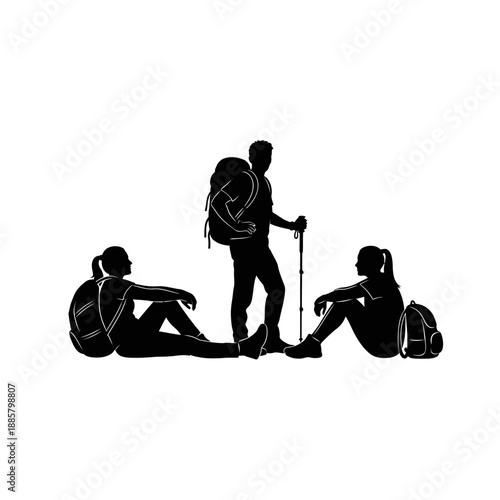 Three Hikers Resting on the Ground.