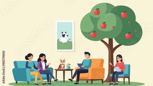 Group of people and a dog relax near an apple tree in a room