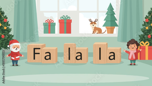 Festive scene with Santa, reindeer, child, gifts, trees, and "Fa la la" blocks