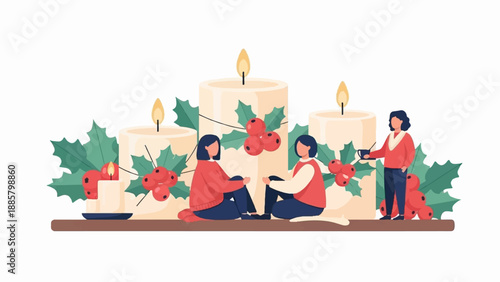 Festive scene with people around candles, holly, and berries