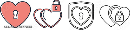 Vector graphic set of heart icons with keyholes and padlocks, symbolizing secure love, emotional protection, and digital privacy. Ideal for safety and confidentiality themes