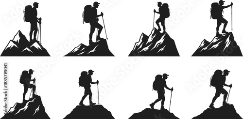 Hiker silhouette illustration set, mountain trekking poses, outdoor adventure icons, backpack and pole vector, hiking graphic design bundle