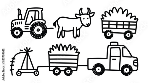 Whimsical Farm Scene: Charming cartoon illustration of rural life, featuring a tractor, a cow, hay wagons, and a truck. A delightful depiction of farming elements.
