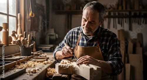 A focused elderly craftsman using a chisel to carve intricate designs into a piece of wood at his sunlit workbench filled with traditional woodworking tools