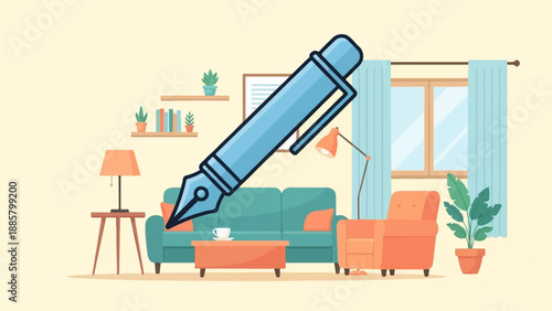 Large fountain pen hovers over a cozy living room with furniture and plants