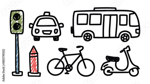 Drawn Vehicles Array: This image presents a playful assembly of transportation options, each with a unique silhouette, inviting exploration of mobility and movement.