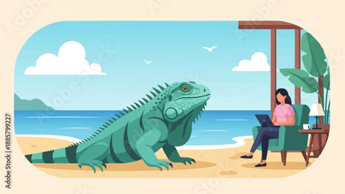Large iguana on beach near woman working on laptop in beachfront room