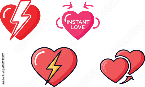 Set of heart-shaped icons representing love, relationships, and emergencies like defibrillator symbol
