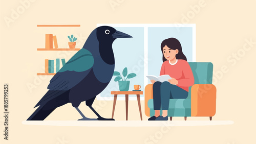 Large raven observes woman reading in cozy room with bookshelf and plant