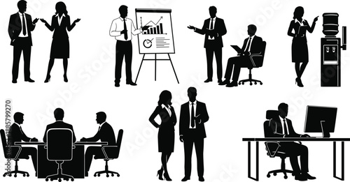 Business people silhouettes set showing office work, presentations, meetings, teamwork, corporate communication, and professional activities isolated on white background