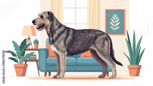 Large, shaggy dog stands proudly in a cozy, plant-filled living room