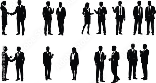 Business people silhouettes set showing professional men and women communicating, shaking hands, discussing ideas, and collaborating in corporate workplace scenarios isolated
