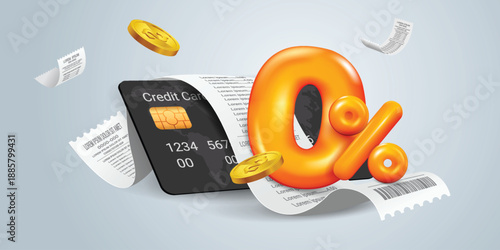 0 Percent Credit Card Promotion with Receipt and Coins, Online Shopping Cashback and Discount Concept, 3D Illustration of Zero Interest Installment Payment and Financial Marketing