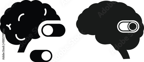 Conceptual illustration of human brain icons with power switches, symbolizing the activation and deactivation of mental processes, cognitive states, and the idea of thought control