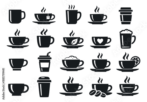 Simple graphic coffee and tea icons set featuring steaming mugs, cups, and takeaway containers for cafe menus and drink designs