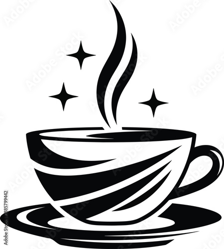 Silhouette black and white illustration of a steaming cup of coffee isolated on transparent background
