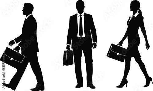 Business professionals silhouettes walking with briefcases representing corporate careers, office work, leadership, and modern executive lifestyle isolated on white background