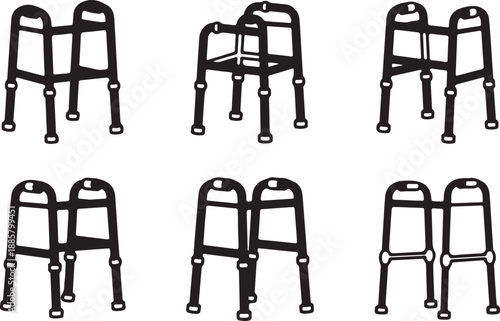Walker Mobility Aid Icon Set, Accessible Medical Walking Frame Vector
