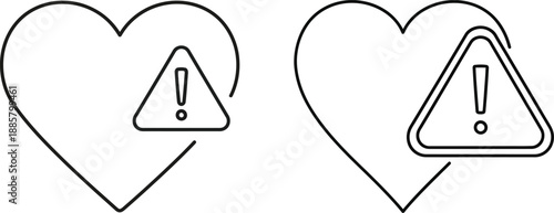 Two warning signs within heart outlines, representing health alerts and medical attention