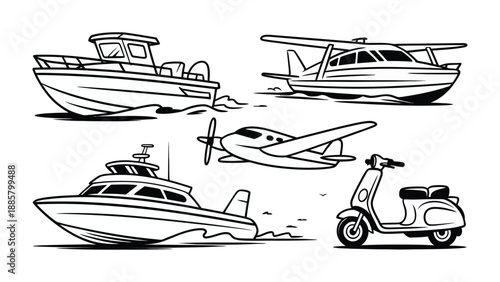 Transport Sketches: A collection of various transport vehicles, all meticulously illustrated in a clean, elegant style. This assortment offers a look at different means of transportation.