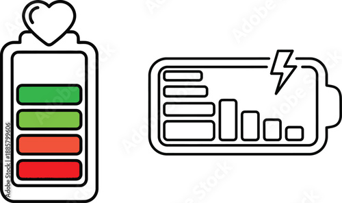 Graphic representation of energy levels and emotional vitality, featuring a heart-topped battery indicator and a dynamic charging icon with a lightning bolt for device power status