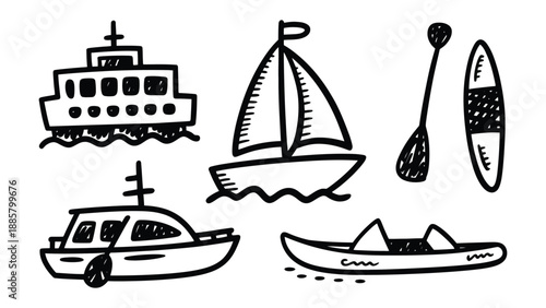 Nautical Adventures Sketch: A collection of charming, hand-drawn illustrations showcasing a variety of watercraft, perfect for projects related to travel, marine life, and outdoor recreation.