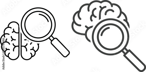 Close-up analysis of a human brain with a magnifying glass, conceptual illustration of neuroscience and research
