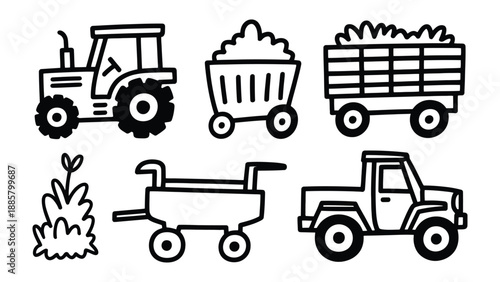 Farm Equipment Illustration Set: A delightful illustration showcases a set of essential farm vehicles and elements, capturing the essence of agricultural life. 