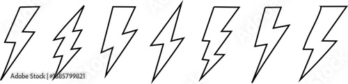 Set of simple black lightning bolt icons. Energy power, electric thunderbolt symbol collection, electricity flash sign.