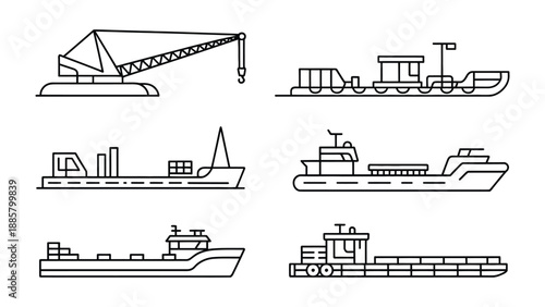 Fleet of Transportation: An array of detailed illustrations presents various vessels essential to maritime transportation, highlighting their unique designs and functionalities.