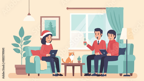Festive scene of people and cat relaxing indoors with tech and plants