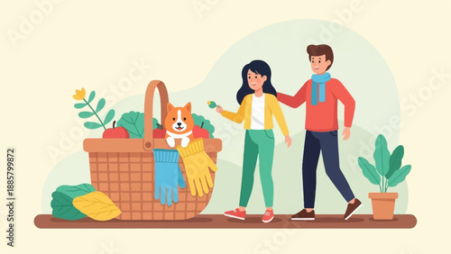 Happy couple with dog and autumn harvest basket for Thanksgiving