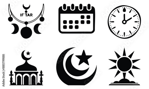 Ramadan silhouette bundle set, calendar clock and fasting elements