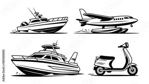 Vehicles Collection: A captivating monochrome arrangement showcasing four distinct vehicles: a motorboat, a seaplane, a yacht, and a scooter. Emphasizing design and functionality.