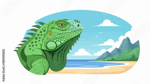 Green iguana on a tropical beach with mountains and ocean in background