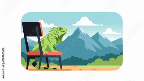 Green iguana on a chair against mountains