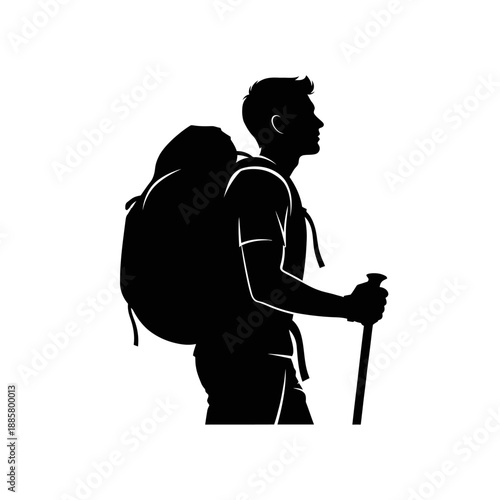 Man Hiking with Backpack and Trekking Pole.