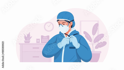 Healthcare worker in protective suit adjusts mask and gloves indoors
