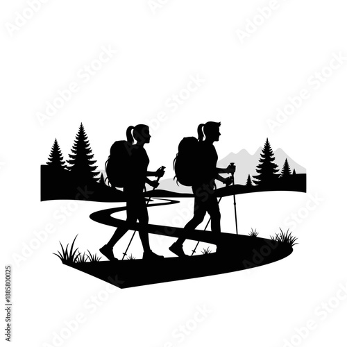 Hikers Walking with Backpacks and Trekking Poles.