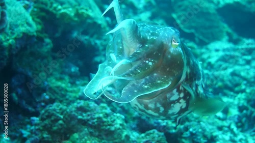 Cuttlefish lifts arms upward while shifting body coloration in defensive or mating display, Suanggi Island, Maluku, Indonesia