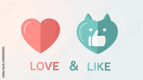 Heart icon and cat-shaped thumb-up icon with "Love & Like" text