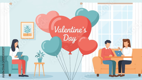 Heart-shaped balloons float near people indoors on Valentine's Day