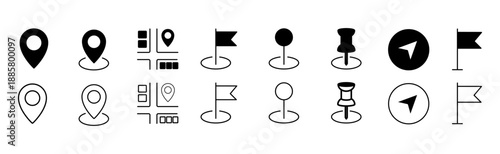 Map pin location icon set. Map markers isolated on white background. Black pointer GPS location symbol. Vector illustration.