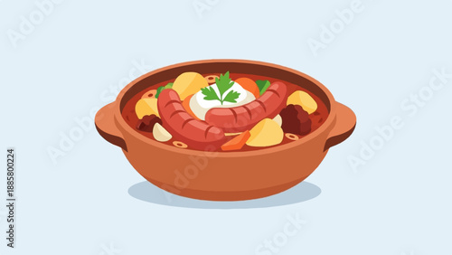 Hearty stew with sausages, potatoes, and vegetables in a clay pot
