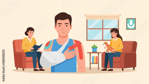 Injured man in sling with support from family and pet